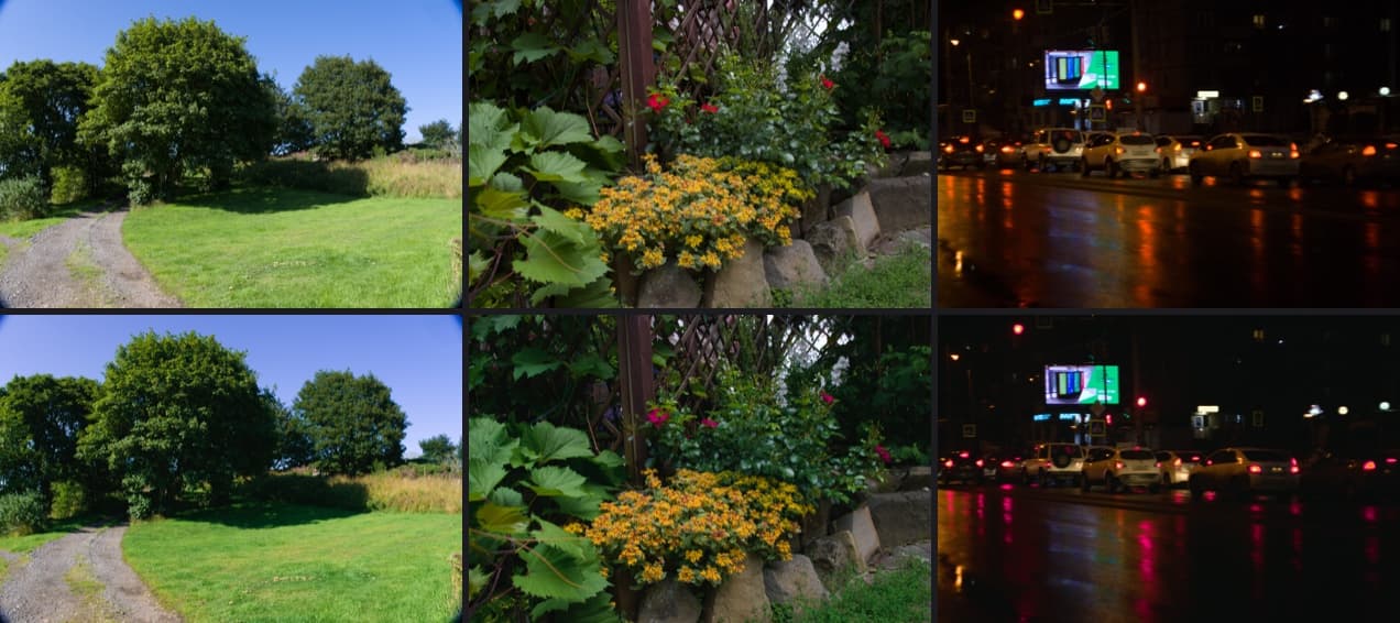 Portra 400: three photos with Redlamp's default rendering above and the film look below
