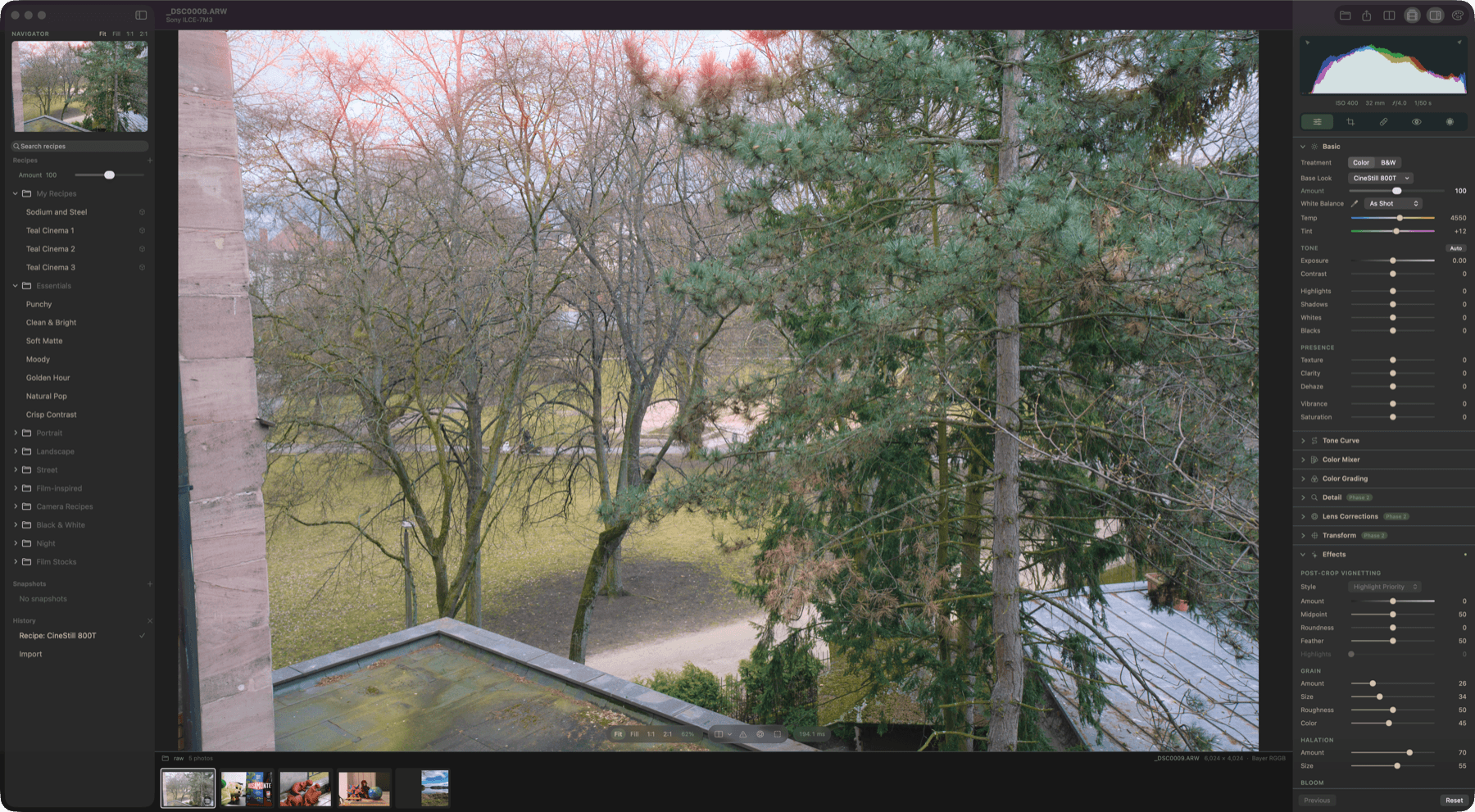 CineStill 800T applied in the editor