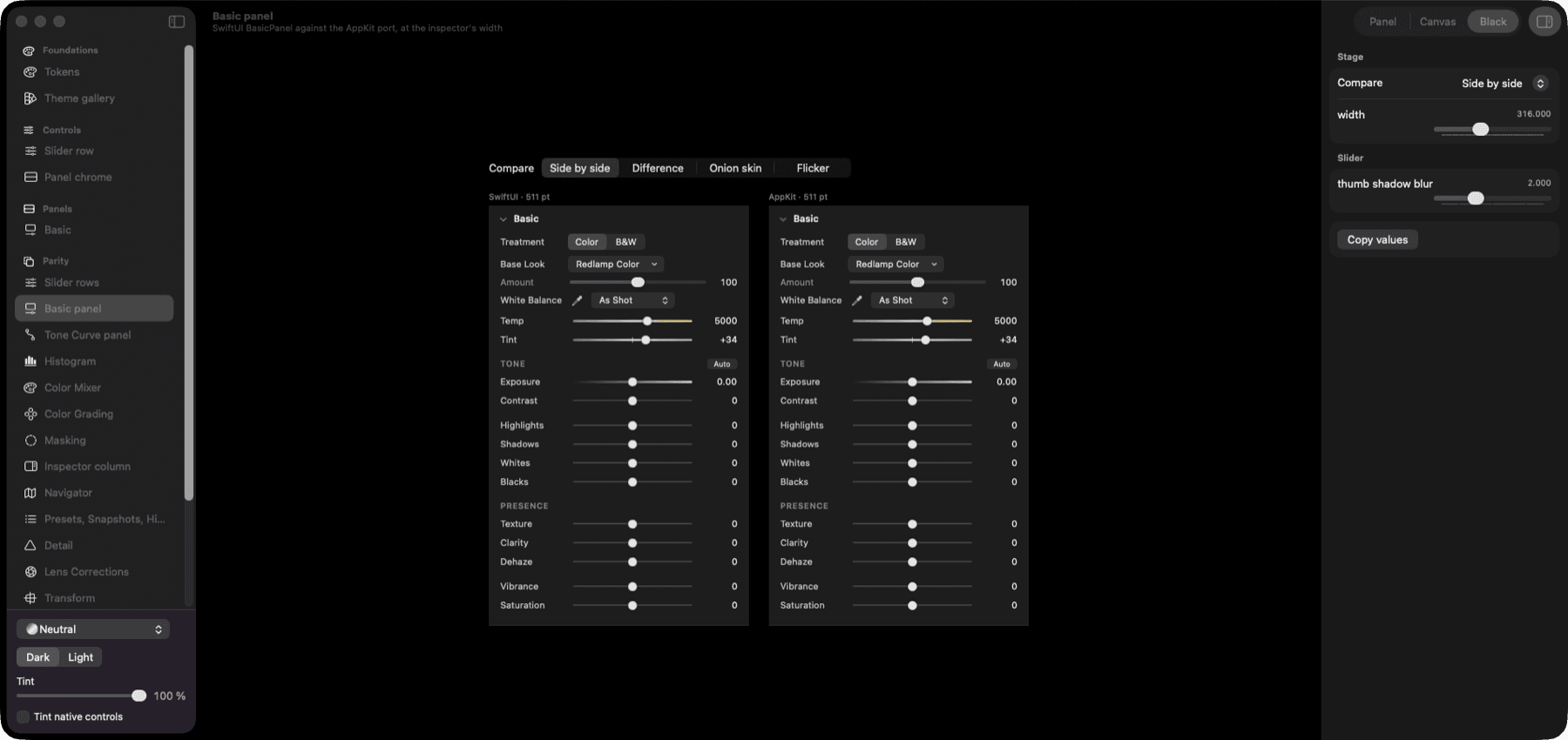 The component harness comparing SwiftUI and AppKit panels