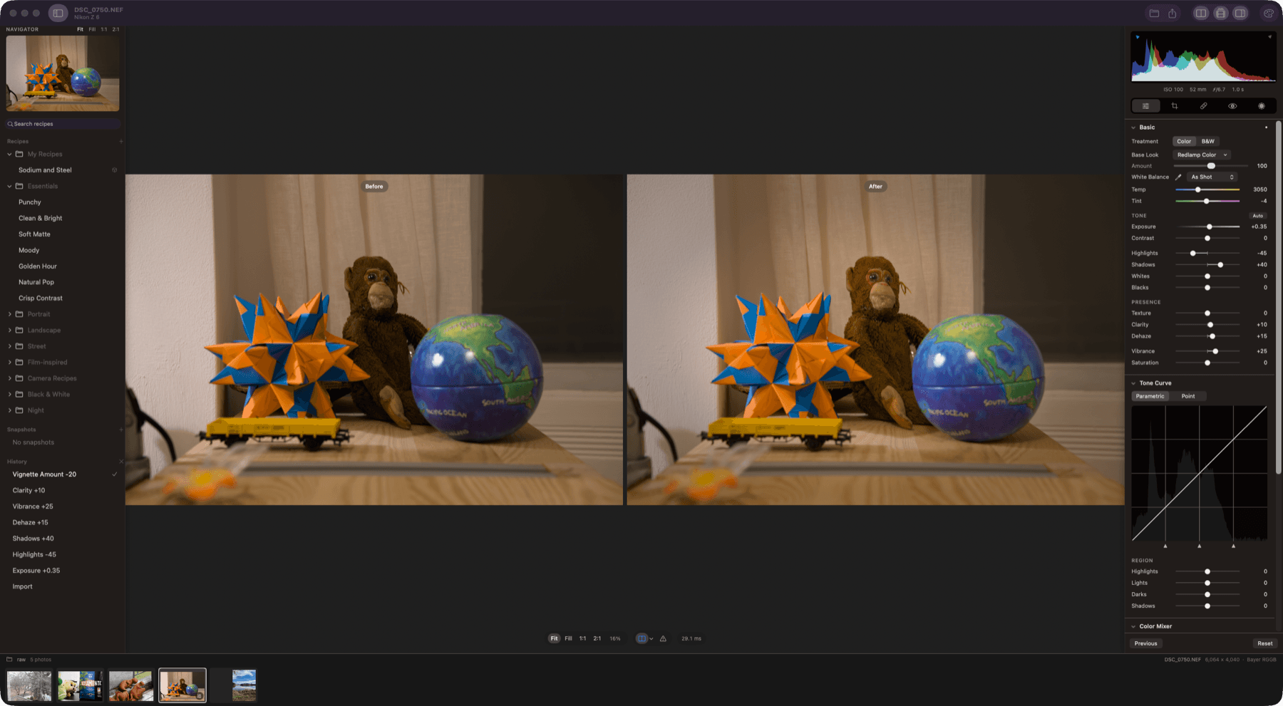 Before and after, side by side, on a Nikon Z 6 raw file
