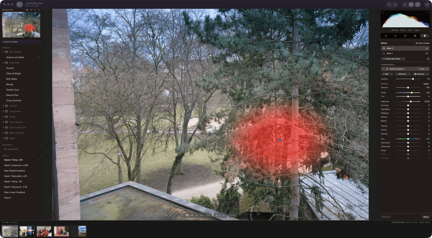 Masking on a Sony A7 III raw file, with the red mask overlay over the sky