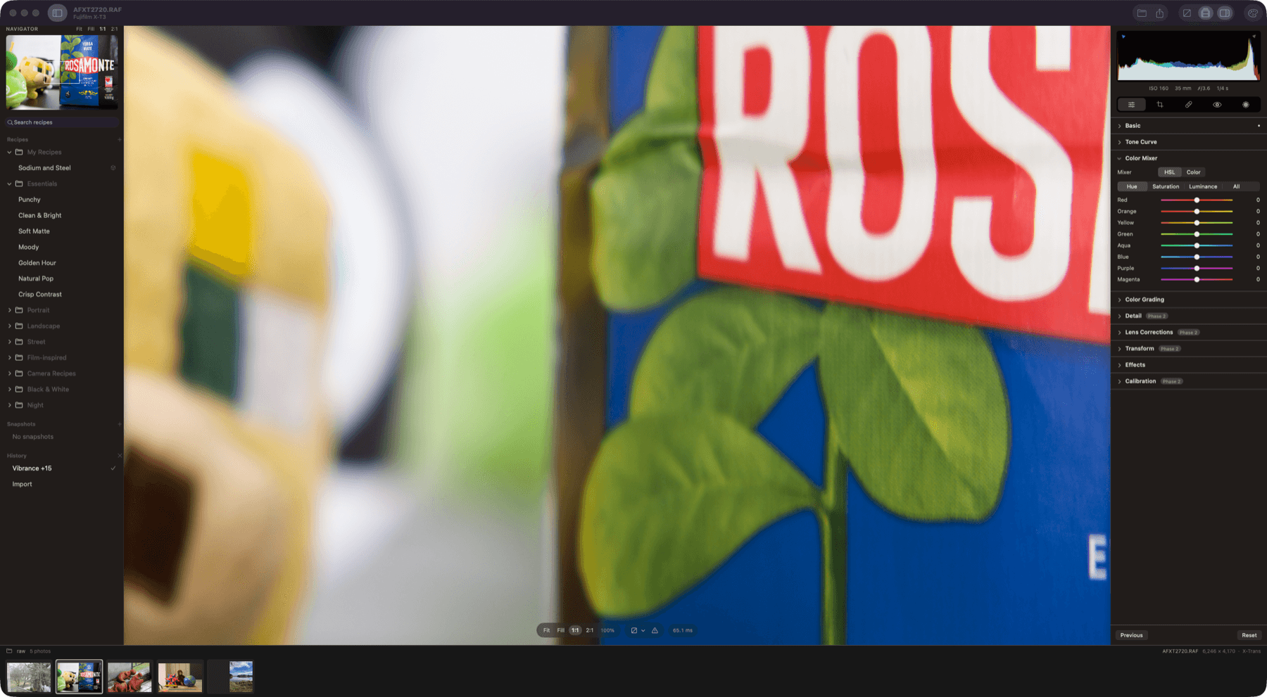 A Fujifilm X-T3 X-Trans raw file at 100%, with the Color Mixer in HSL mode